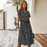 Vintage Floral Print Dress Women Boho Short Sleeve Long Dress Turn Down Collar Casual Waistband Shirt Dresses Robe 2021 Summer